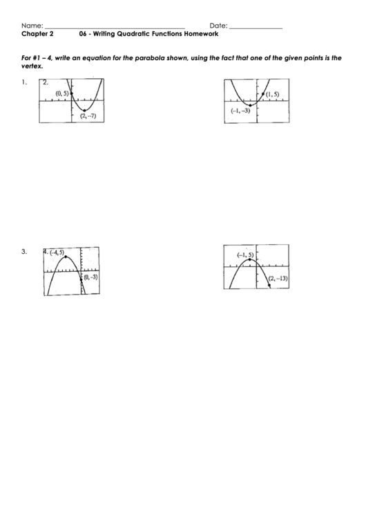 Writing Quadratic Functions Hw Printable pdf