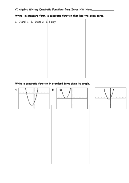 Algebra Writing Quadratic Functions Worksheet Printable pdf