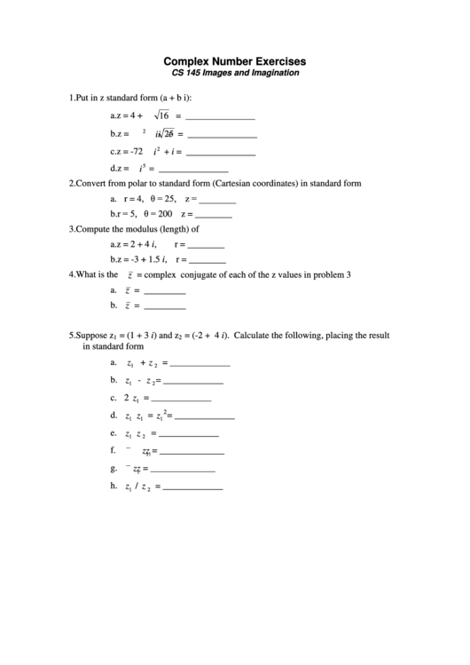 Complex Number Problems Worksheet Printable pdf