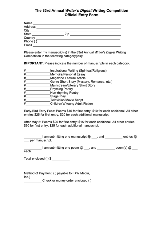 Official Entry Form Printable pdf