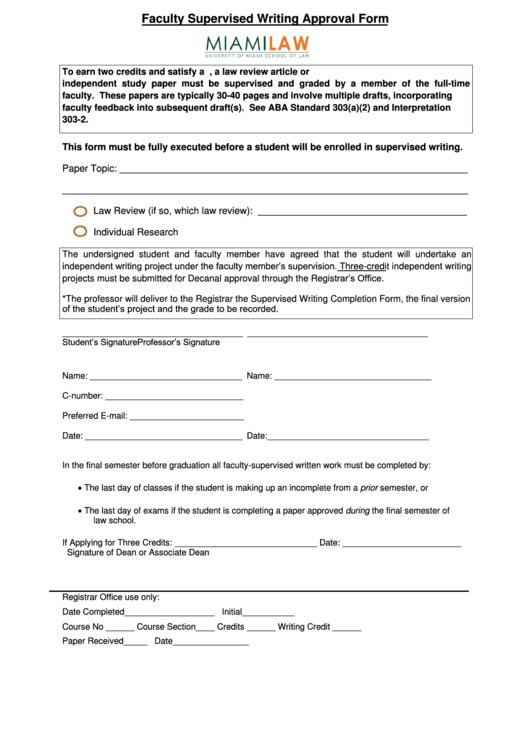 Faculty Supervised Writing Approval Form Printable pdf