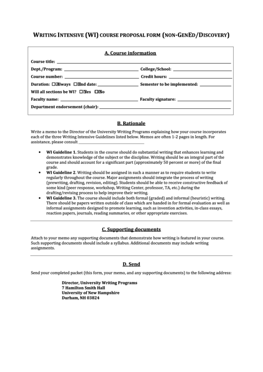 Writing Intensive Course Proposal Form Printable pdf