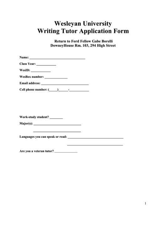 Wesleyan University Writing Tutor Application Form Printable pdf