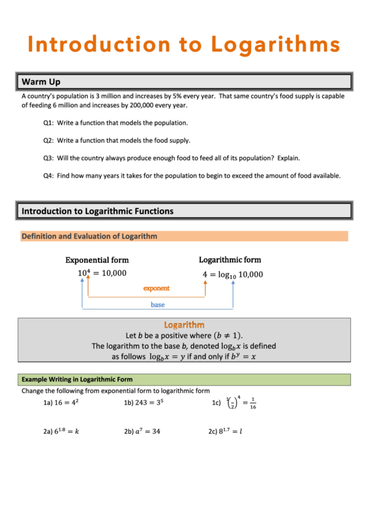Introduction To Logarithms Worksheet Printable pdf
