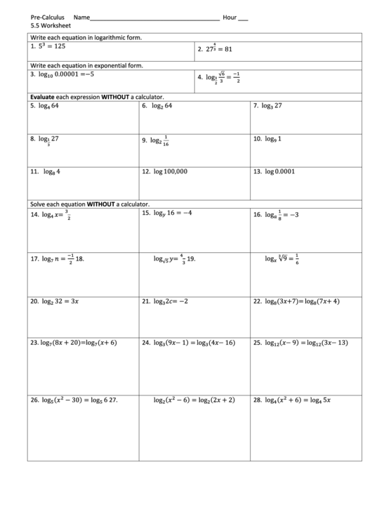 Pre-Calculus Worksheet Printable pdf