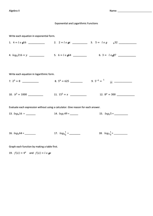 Exponential And Logarithmic Functions Worksheet Printable pdf