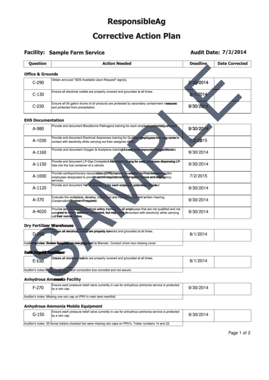 Sample Corrective Action Plan Printable pdf