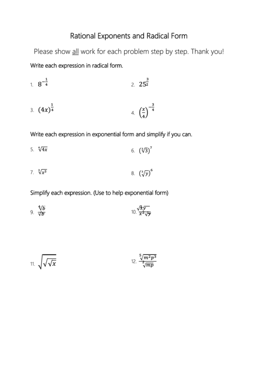 Rational Exponents And Radical Form Worksheet Printable pdf