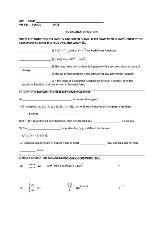 Ws 921 Period Math Test Template Printable pdf