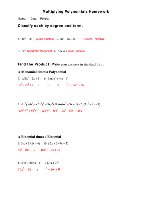 Multiplying Polynomial Worksheet Printable pdf
