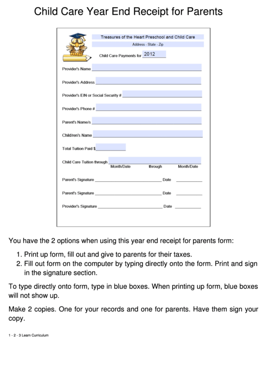 Fillable Child Care Year End Receipt For Parents Printable Pdf Download