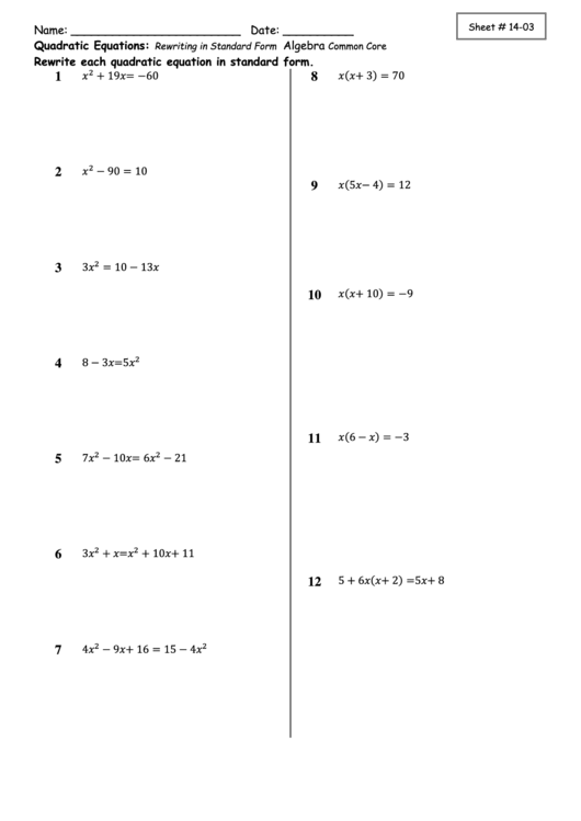 Quadratic Equations Printable pdf