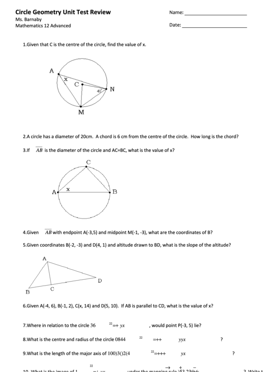 Circle Geometry Unit Test Review Printable pdf