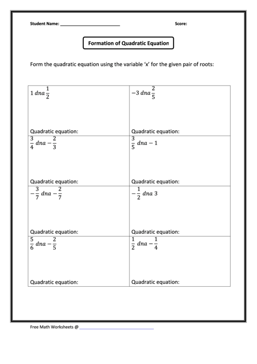 Form The Quadratic Equation Using The Variable Printable pdf