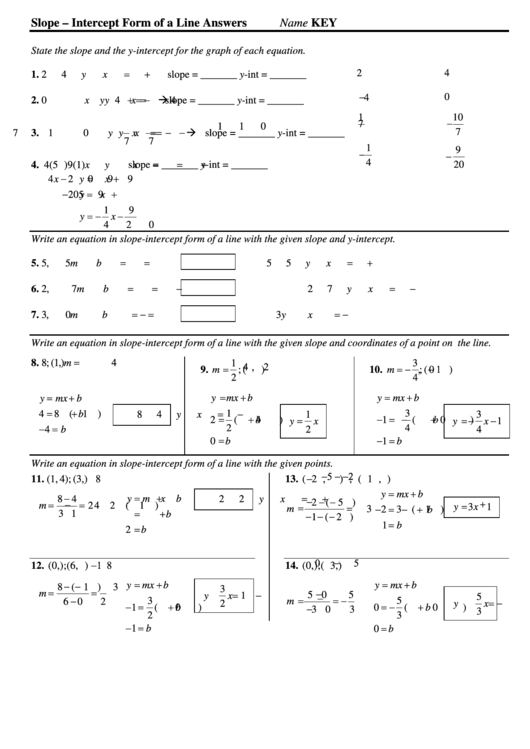 Slope - Intercept Form Of A Line Answers Printable pdf