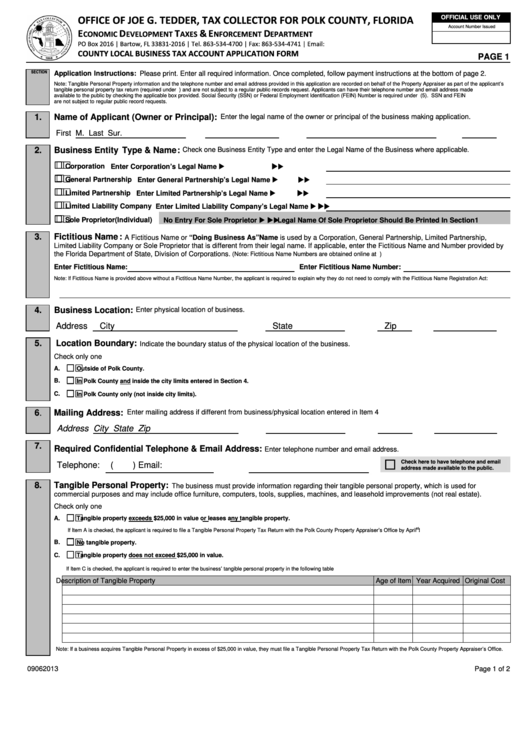 Form Fl 33831 - County Local Business Tax Account Application - 2013 Printable pdf