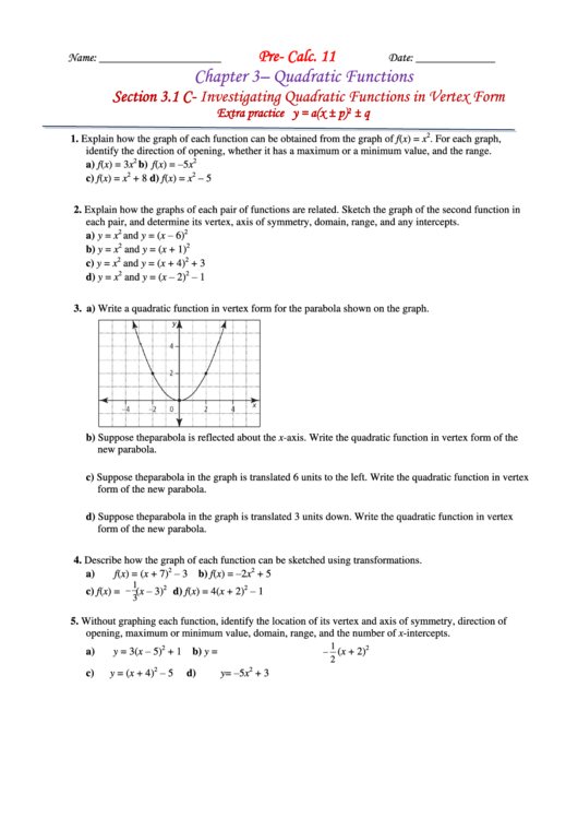 Investigating Quadratic Functions In Vertex Form Printable pdf