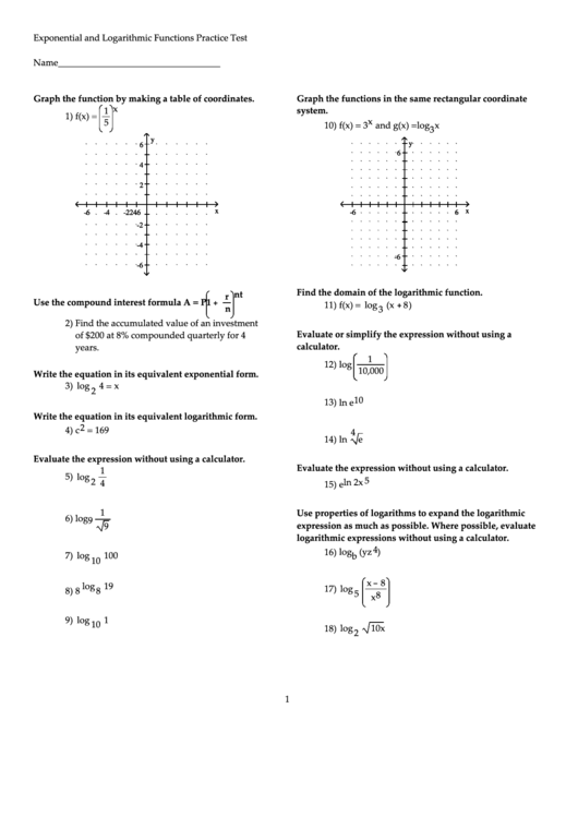 Exponential And Logarithmic Functions Worksheet Printable pdf