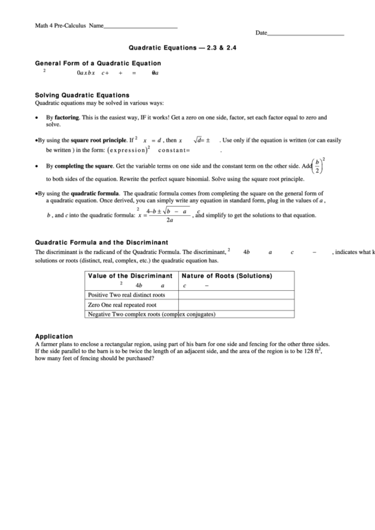 Quadratic Equations Printable pdf