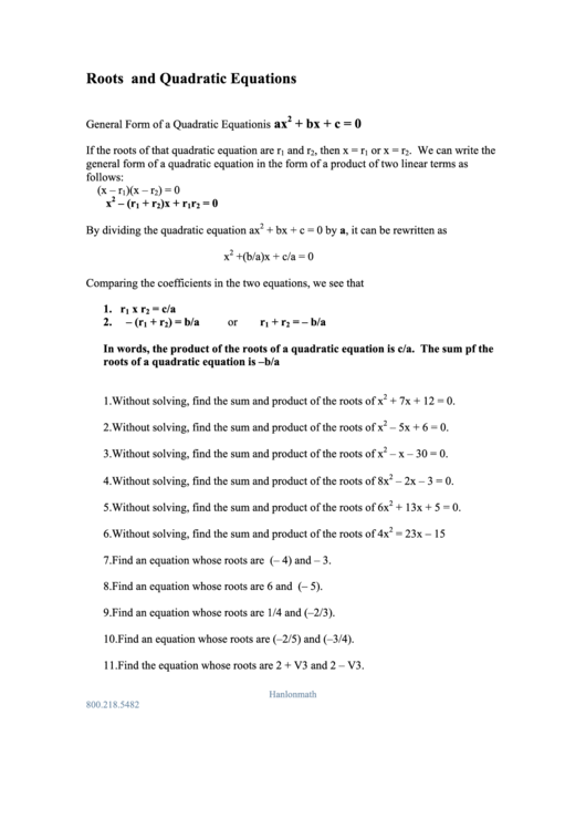 Roots And Quadratic Equations Printable pdf