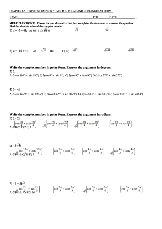 Rectangular And Polar Forms Of Complex Numbers Worksheet
