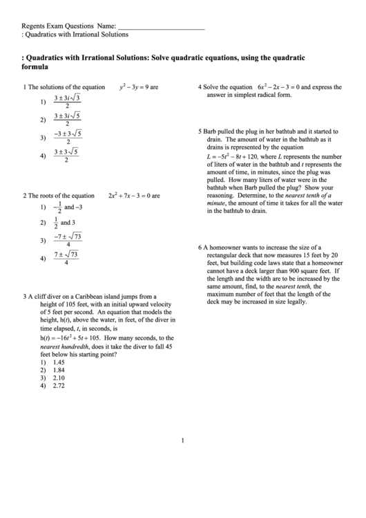 Quadratics With Irrational Solutions Printable pdf