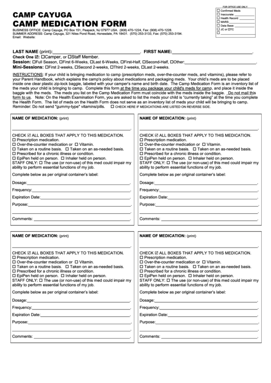 Camp Medication Form - Camp Cayuga Printable pdf