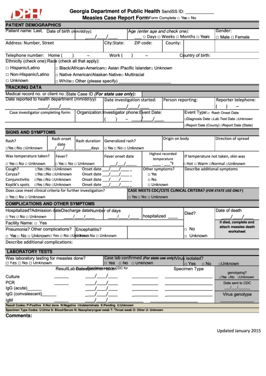 Measles Case Report Form - Georgia Department Of Public Health Printable pdf