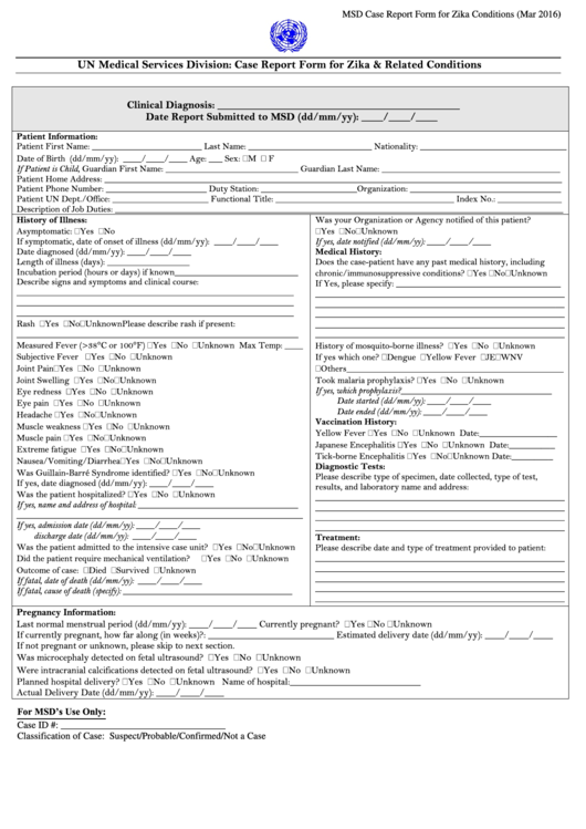 Case Report Form For Zika And Related Conditions Printable pdf