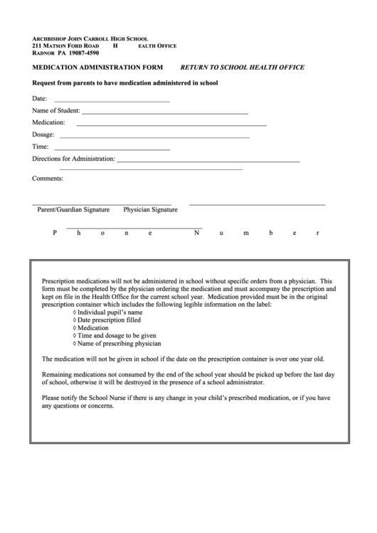 Medication Administration Form - Archbishop John Carroll High School Printable pdf