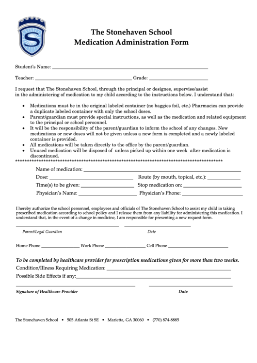 The Stonehaven School Medication Administration Form Printable pdf