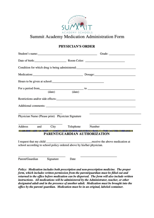 Summit Academy Medication Administration Form Printable pdf