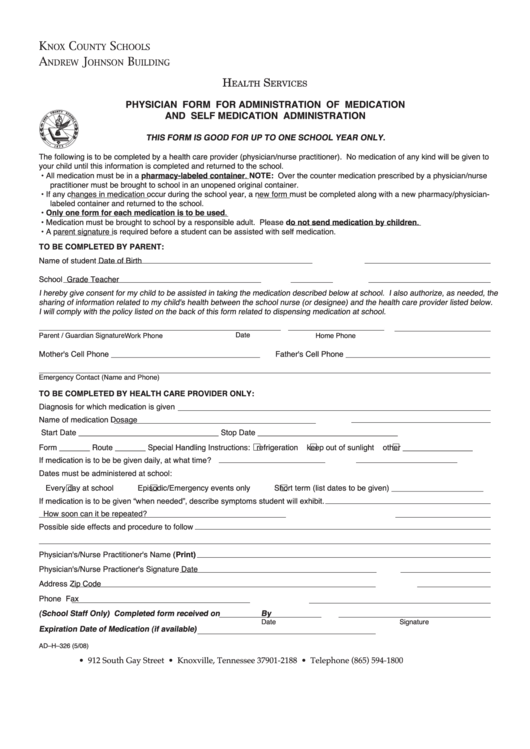 Physician Form For Administration Of Medication Printable pdf