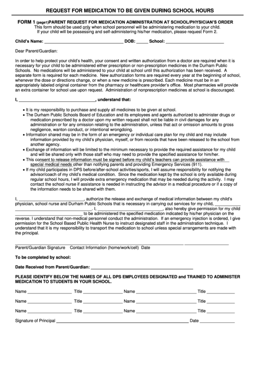Request For Medication To Be Given During School Hours Form Printable pdf