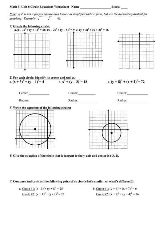 Unit 6 Circle Equations Worksheet Printable pdf