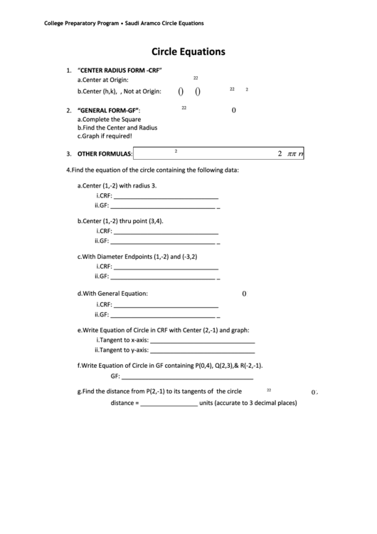 Circle Equations Printable pdf