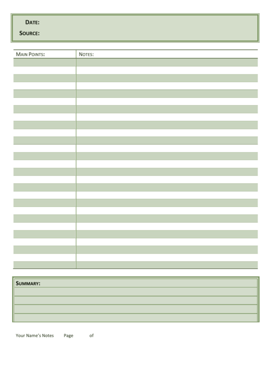 Cornell Notes Template - Green Printable pdf