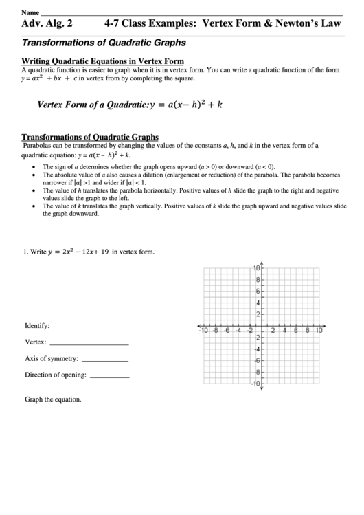 Vertex Form Sheet Printable pdf