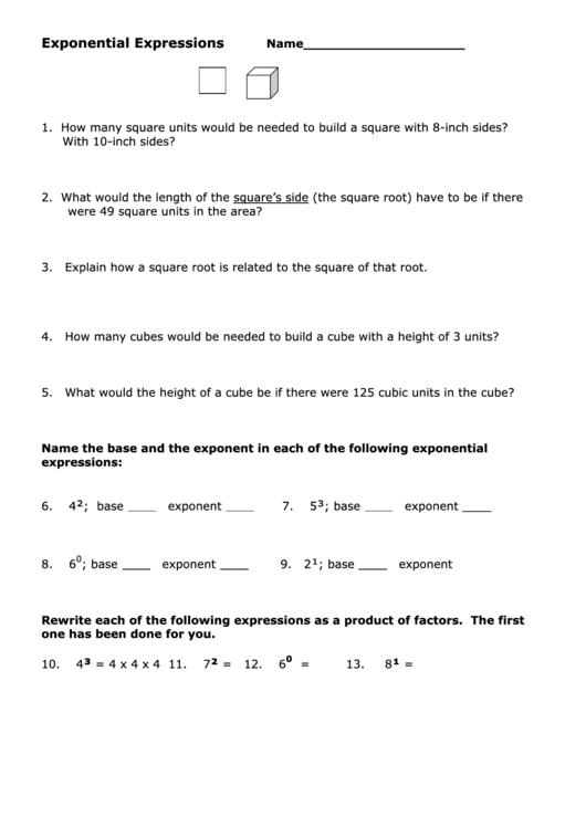 Exponential Expressions Worksheet Printable pdf
