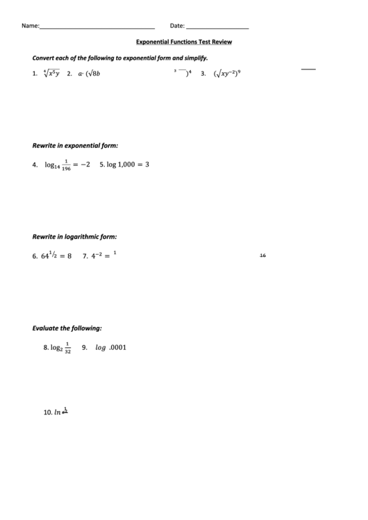 Exponential Form Worksheet Printable pdf