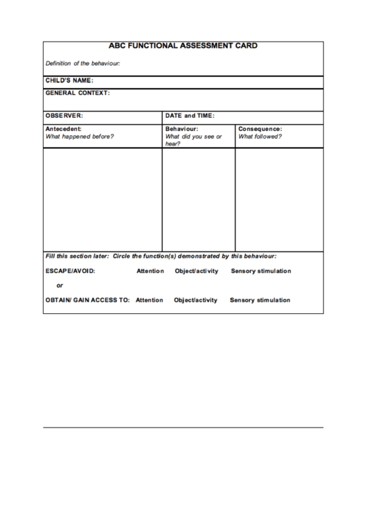 Abc Functional Assessment Card Printable pdf