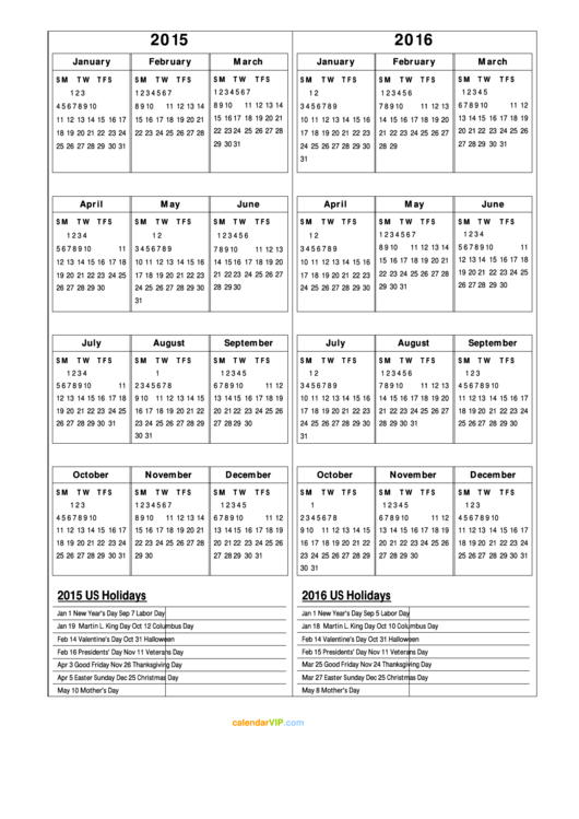 2015-2016 Calendar With Us Holidays
