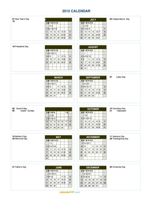 2015 Calendar Template With Holidays Printable pdf