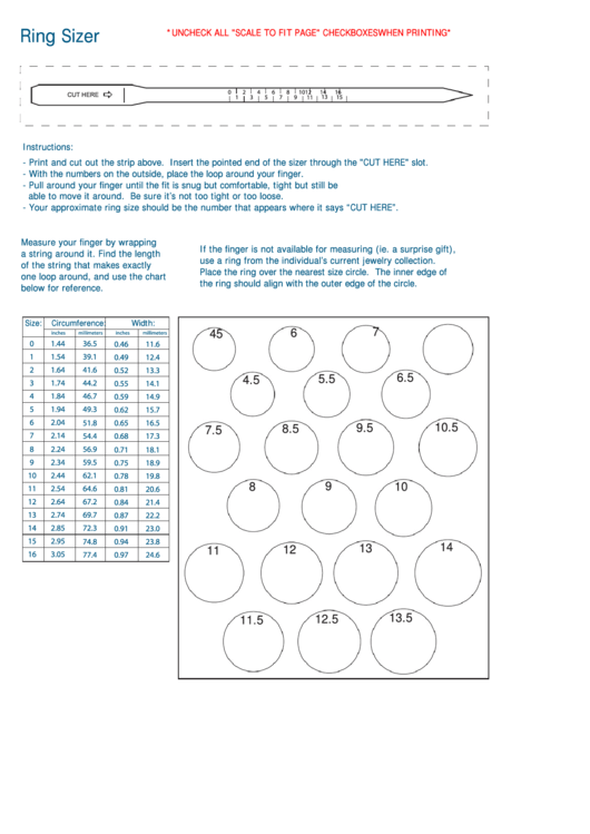 Ring Sizer Chart Printable pdf
