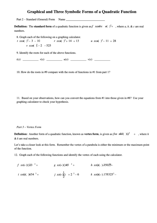 Graphical And Three Symbolic Forms Of A Quadratic Function Worksheet Printable pdf