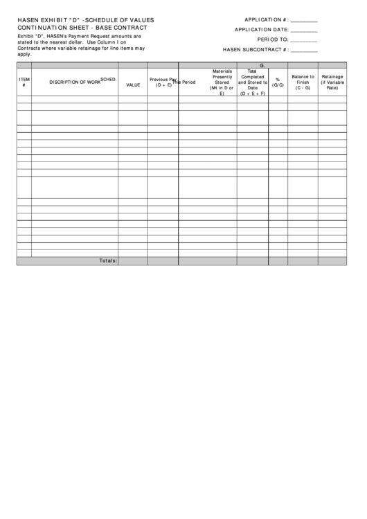 Hasen Exhibit "D" - Schedule Of Values Continuation Sheet - Base Contract Template Printable pdf