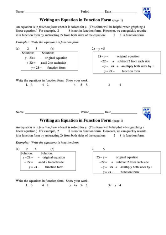 Writing An Equation In Function Form Worksheet Printable pdf
