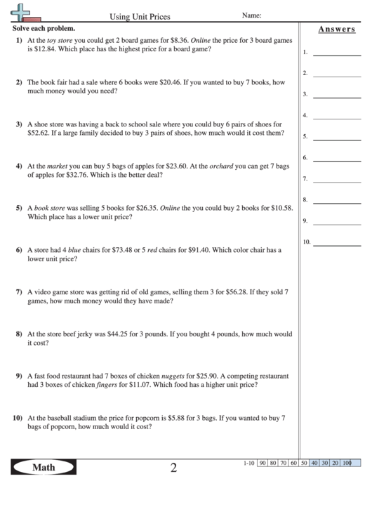 Using Unit Prices Worksheet With Answer Key Printable pdf