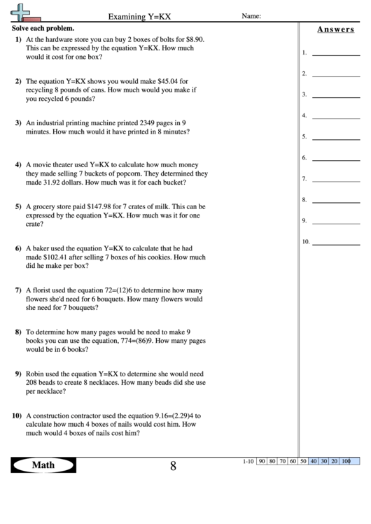 Examining Y = Kx Worksheet With Answer Key Printable pdf