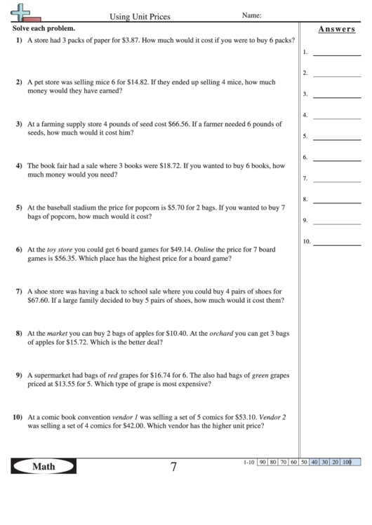 Using Unit Prices Worksheet With Answer Key Printable pdf